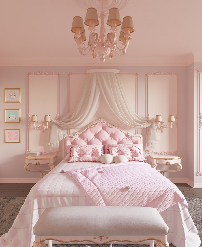 Thiết kế trang trí phòng ngủ cho thiếu nữ theo phong cách tân cổ điển 