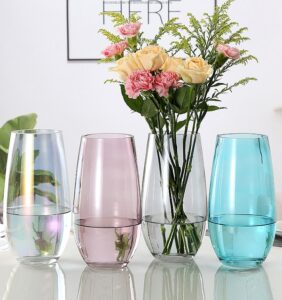 Bình hoa thủy tinh đơn giản nhưng với màu sắc đa dạng, gia chủ có thể sử dụng cùng lúc nhiều bình để trang trí, thích hợp trang trí bàn ăn hoặc phòng ngủ