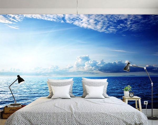 Mẫu Gạch Ốp Tường 3D Phòng Ngủ Đẹp với hình Bầu trời và biển
