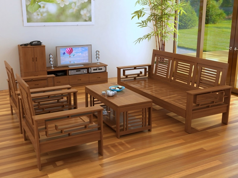bộ bàn ghế gỗ phòng khách phối với sàn và kệ tivi
