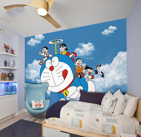 Mẫu 8: Cách trang trí phòng ngủ Doraemon với họa tiết tường nổi bật tạo hiệu ứng thị giác