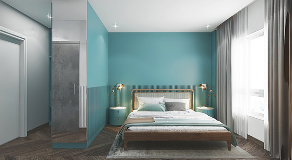  Mẫu thiết kế nội thất phòng ngủ hiện đại màu sắc bảng màu. Việc sử dụng màu xanh lam trong các đồ nội thất quan trọng như giường ghế tạo hiệu ứng thị giác mạnh