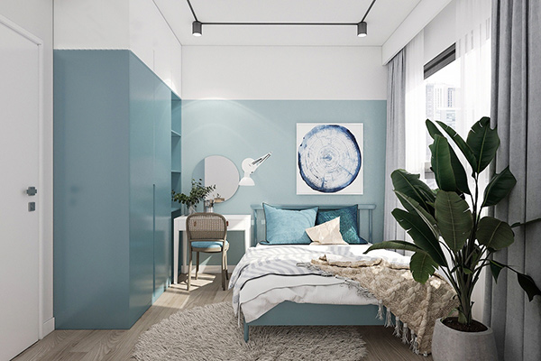 Sơn tường phòng ngủ màu xanh ngọc cùng với ánh sáng tự nhiên và cây xanh được kết hợp làm cho căn phòng gần gũi với thiên nhiên 
