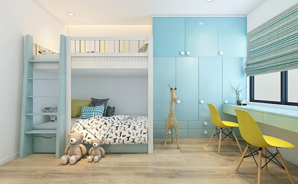 Phòng ngủ kết hợp màu xanh ngọc với nội thất gỗ tạo nên một tổng thể hài hòa và cuốn hút 