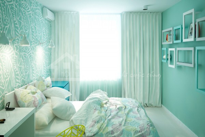 phòng ngủ màu xanh ngọc lam