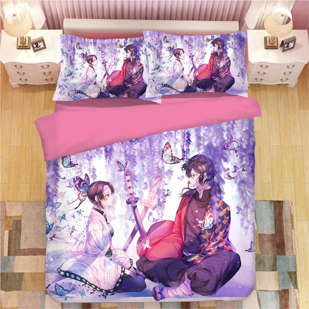 Tranh vẽ phòng ngủ anime - Bộ chăn ga gối với kiểu dáng và màu sắc anime tươi sáng.