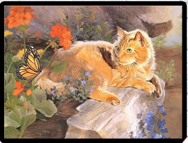 Tranh phòng ngủ tuổi tân hợi - Mẫu tranh treo tường chú mèo bên hoa in vải canvas