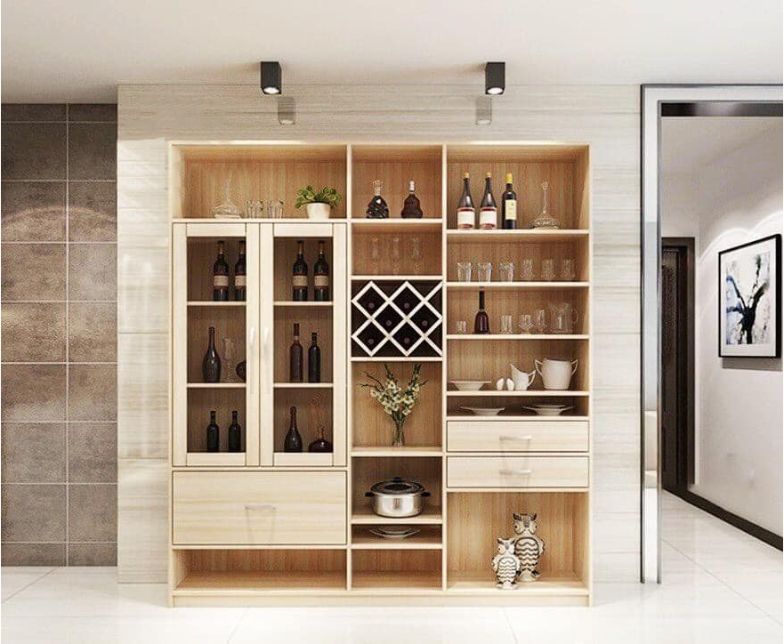 Tủ rượu ngăn phòng khách và bếp được làm bằng gỗ công nghiệp